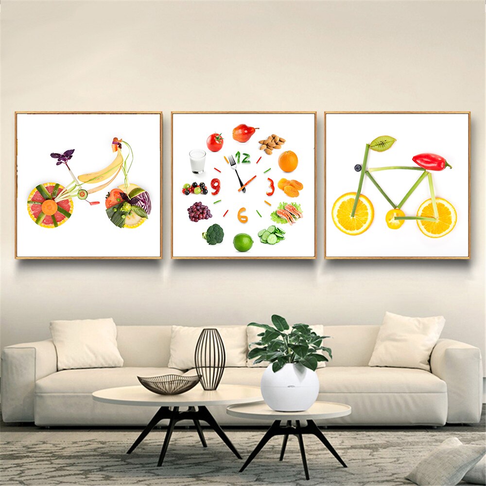 Дизайн столовой, постеры с изображением фруктов и цветов