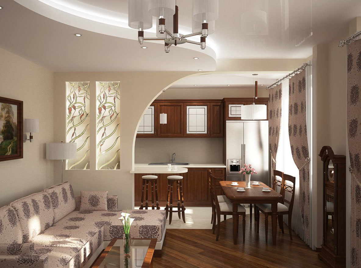 Дизайн столовой + кухни + гостиной в доме